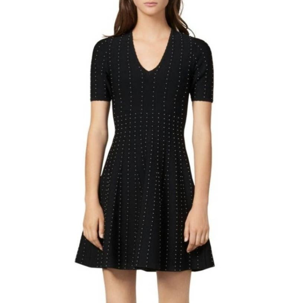 Sandro Paris Vaness Black Silver Beaded Ribbed Knitted Fit & Flare Dress S New - Picture 1 of 13